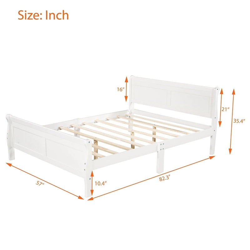 Full Size Wood Platform Bed with Headboard and Wooden Slat Support, White