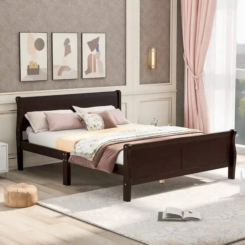 Full Size Wood Platform Bed with Headboard and Wooden Slat Support, White