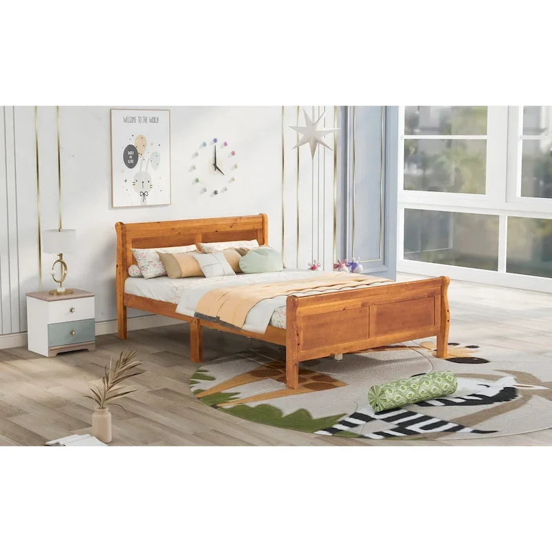 Full Size Wood Platform Bed with Headboard and Wooden Slat Support, White