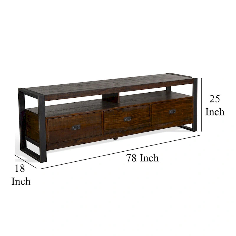 Flint TV Media Console, 3 Drawers, 2 Shelves, Dark Brown Wood, 78 Inch