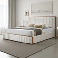 Lesa King Bed, Channel Tufted Beige Chenille Upholstery, Walnut Brown