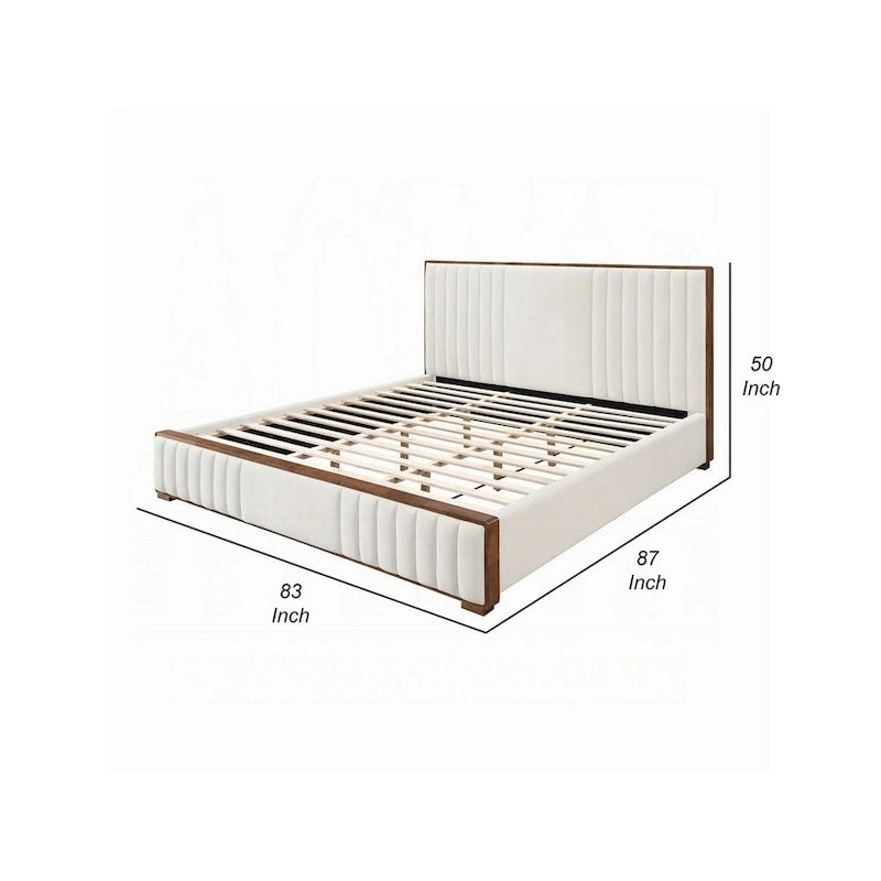 Lesa King Bed, Channel Tufted Beige Chenille Upholstery, Walnut Brown