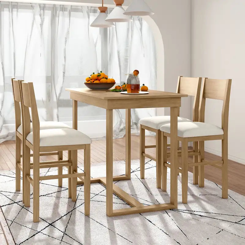5 Pcs Counter Height Dining Table Set, Solid Wood Kitchen Dining Table Set with Rectangular Dining Table and 4 Dining Chairs