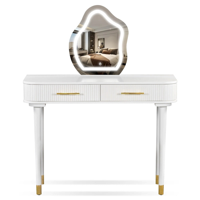 Vanity Table Set with Cushioned Stool, Dressing Table with Touch Screen LED Mirror, Makeup Table with 2 Drawers