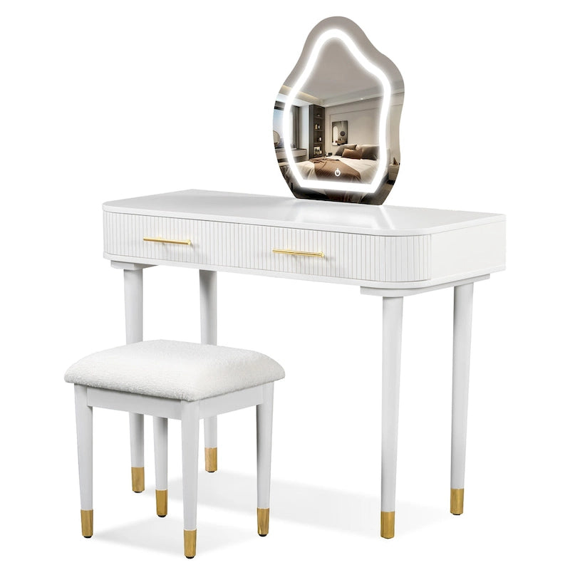 Vanity Table Set with Cushioned Stool, Dressing Table with Touch Screen LED Mirror, Makeup Table with 2 Drawers
