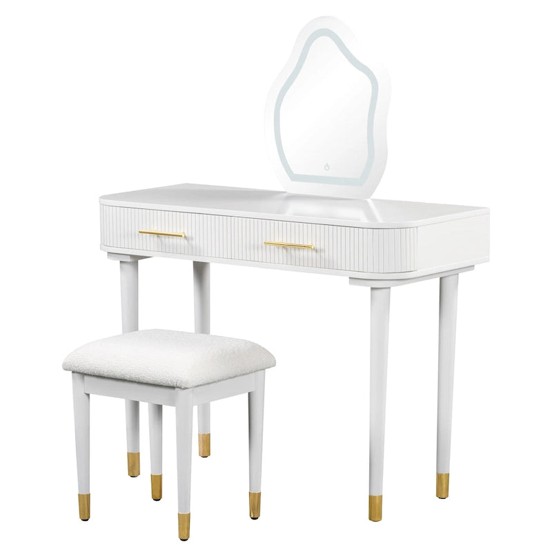 Vanity Table Set with Cushioned Stool, Dressing Table with Touch Screen LED Mirror, Makeup Table with 2 Drawers