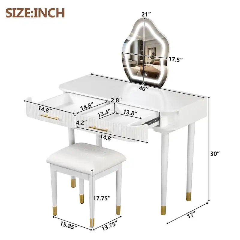 Vanity Table Set with Cushioned Stool, Dressing Table with Touch Screen LED Mirror, Makeup Table with 2 Drawers