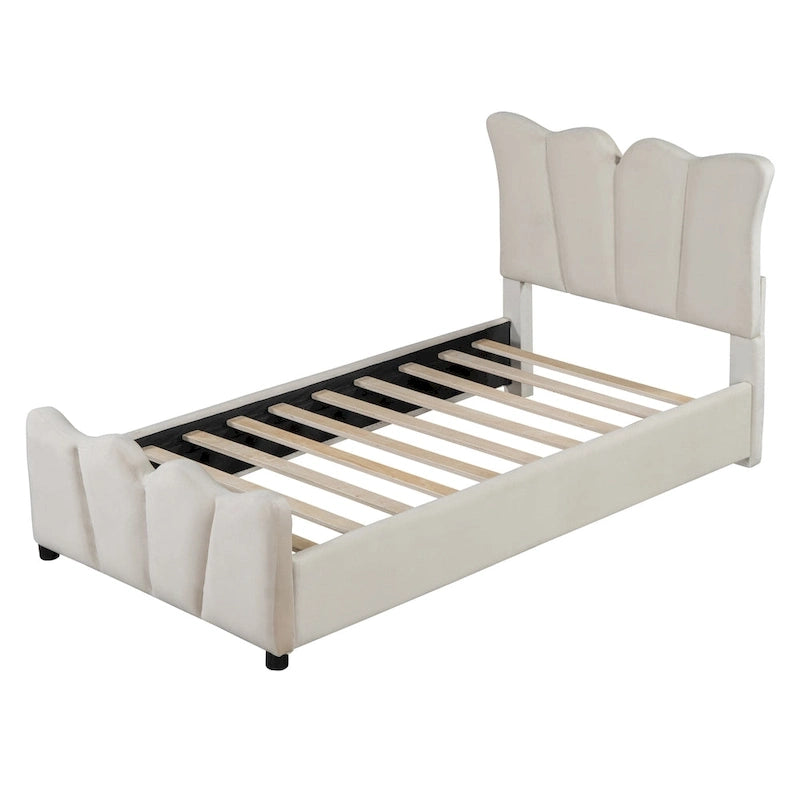 Beige Twin Size Velvet Bed with Distinctive Headboard and Footboard