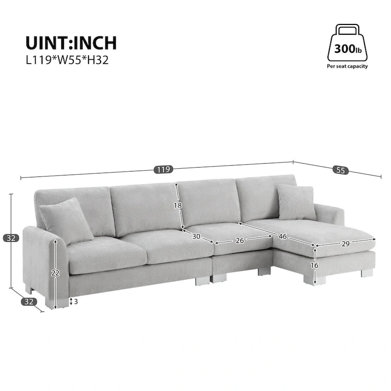 119 Spacious L-Shaped 5-Seater Sectional Sofa with Chaise Lounge and 2 Decorative Pillows for Living Room