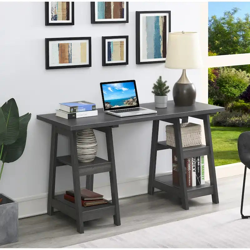 Convenience Concepts Designs2Go Double Trestle Desk with Shelves