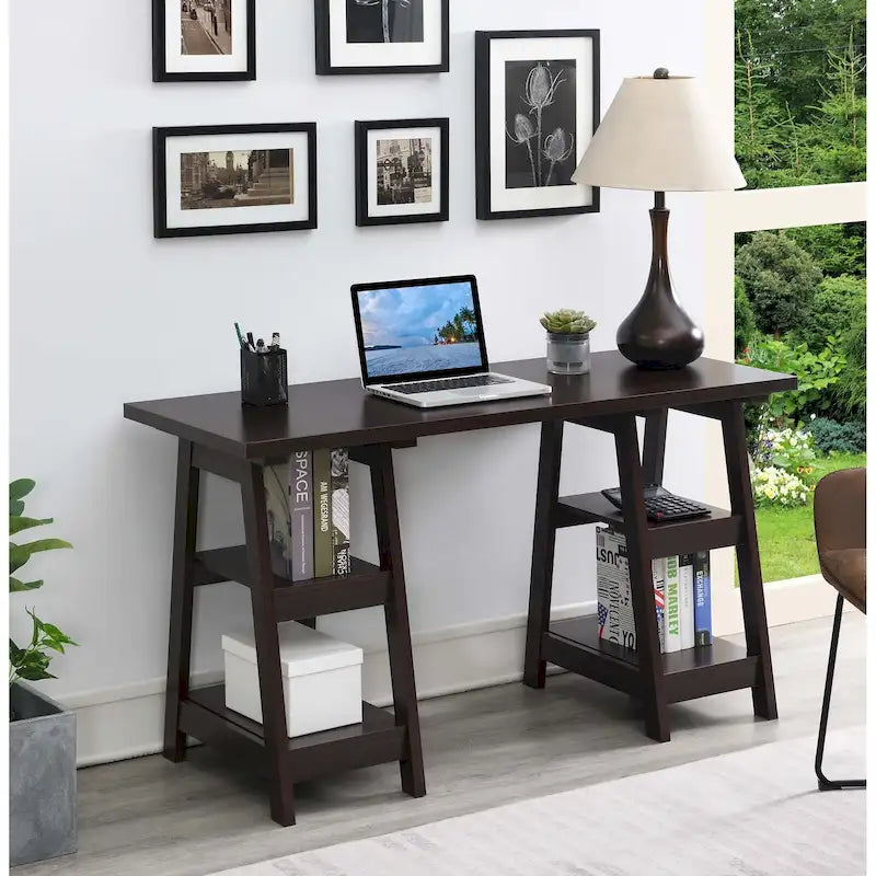 Convenience Concepts Designs2Go Double Trestle Desk with Shelves