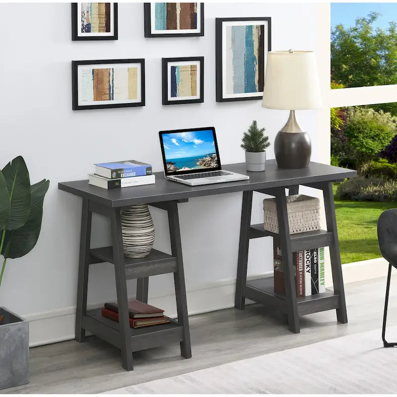 Convenience Concepts Designs2Go Double Trestle Desk with Shelves