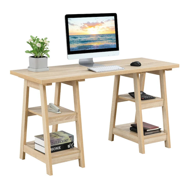 Convenience Concepts Designs2Go Double Trestle Desk with Shelves