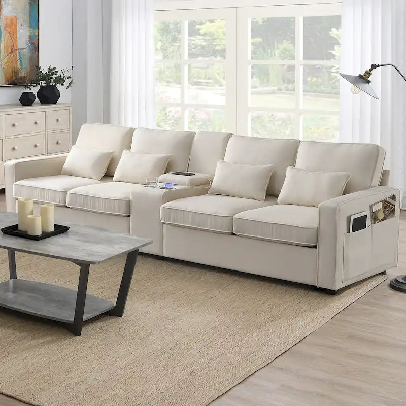 Upholstered Sofa with Console, 2 Cupholders and 2 USB Ports Wired or Wirelessly Charged