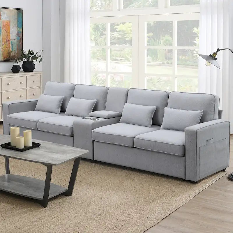 Upholstered Sofa with Console, 2 Cupholders and 2 USB Ports Wired or Wirelessly Charged