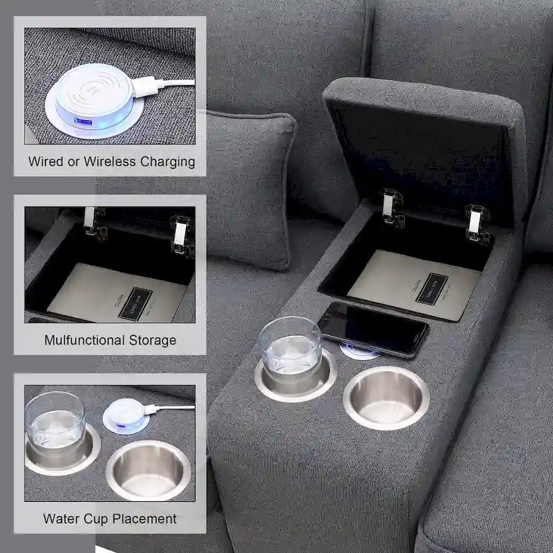 Upholstered Sofa with Console, 2 Cupholders and 2 USB Ports Wired or Wirelessly Charged