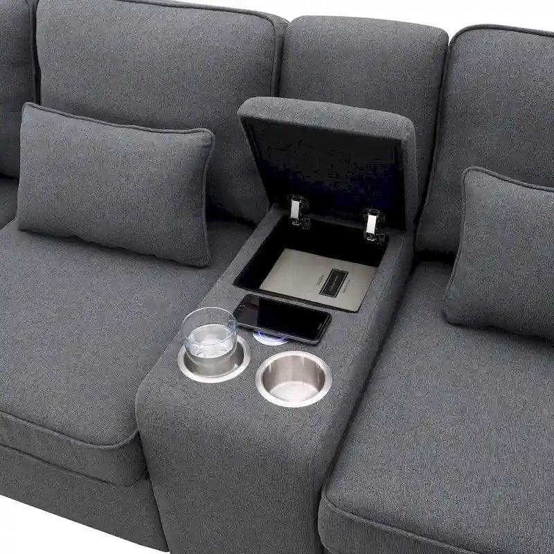 Upholstered Sofa with Console, 2 Cupholders and 2 USB Ports Wired or Wirelessly Charged