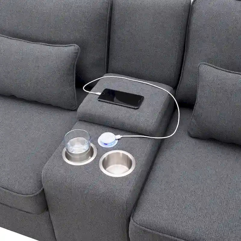 Upholstered Sofa with Console, 2 Cupholders and 2 USB Ports Wired or Wirelessly Charged
