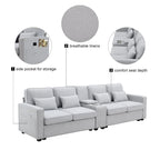 Upholstered Sofa with Console, 2 Cupholders and 2 USB Ports Wired or Wirelessly Charged
