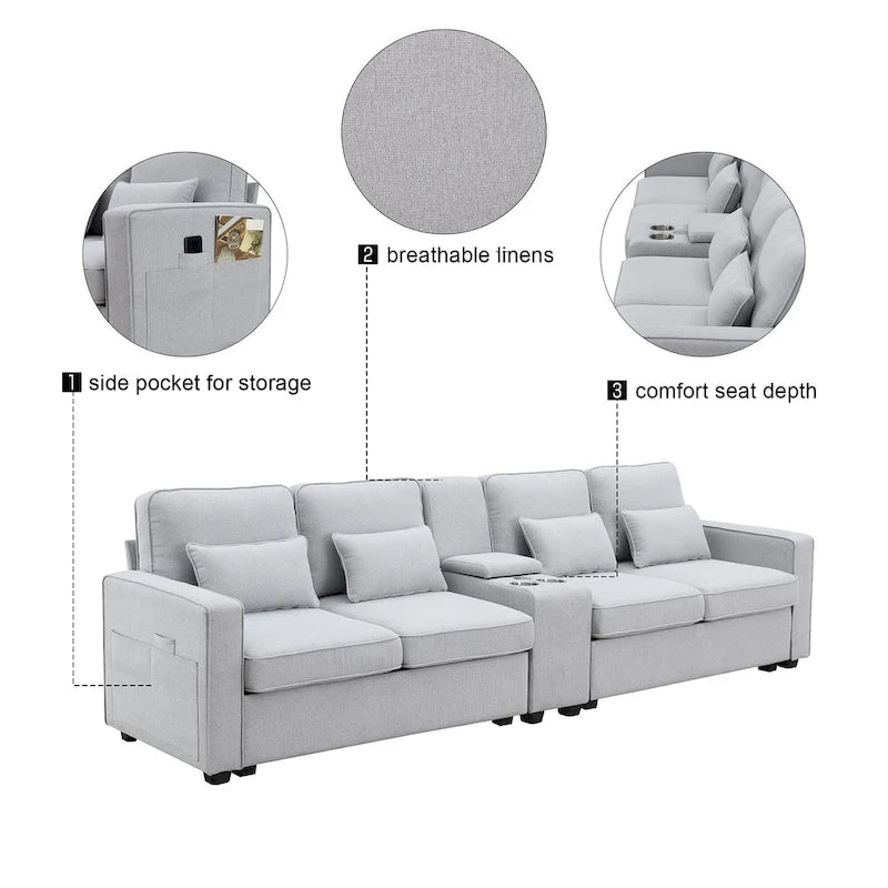 Upholstered Sofa with Console, 2 Cupholders and 2 USB Ports Wired or Wirelessly Charged