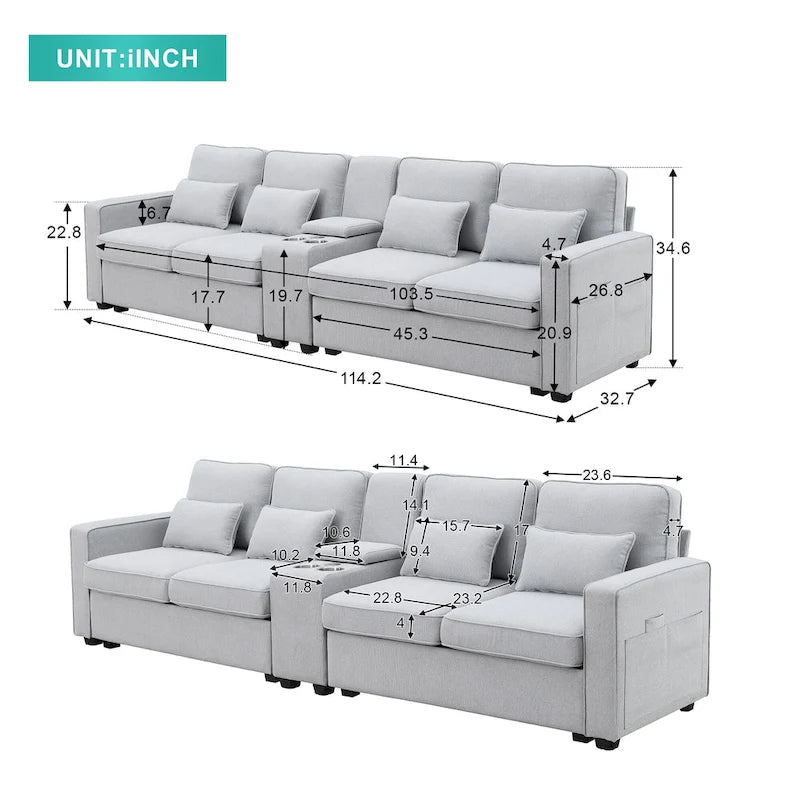 Upholstered Sofa with Console, 2 Cupholders and 2 USB Ports Wired or Wirelessly Charged