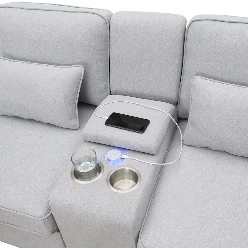 Upholstered Sofa with Console, 2 Cupholders and 2 USB Ports Wired or Wirelessly Charged