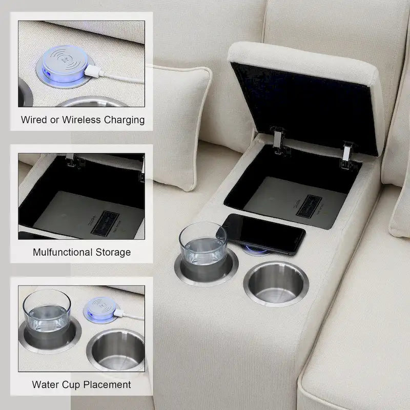 Upholstered Sofa with Console, 2 Cupholders and 2 USB Ports Wired or Wirelessly Charged