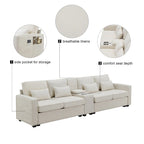 Upholstered Sofa with Console, 2 Cupholders and 2 USB Ports Wired or Wirelessly Charged