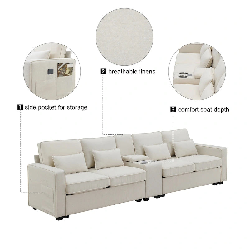 Upholstered Sofa with Console, 2 Cupholders and 2 USB Ports Wired or Wirelessly Charged