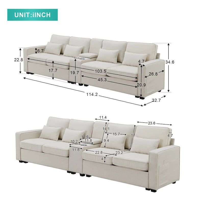 Upholstered Sofa with Console, 2 Cupholders and 2 USB Ports Wired or Wirelessly Charged