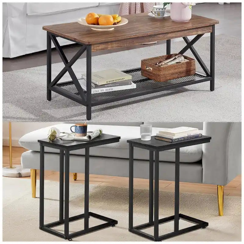 Javlergo 3-pieces Coffee Table Set for Living Room Wood Coffee Table and C End Tables Set of 2