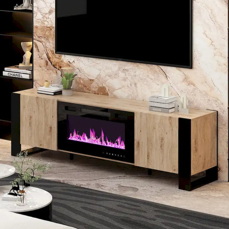 Wood Grain TV Stand with Optional Electric Fireplace: Cable Management