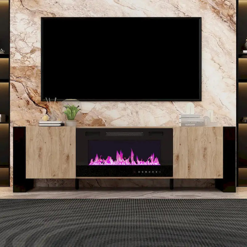 Wood Grain TV Stand with Optional Electric Fireplace: Cable Management