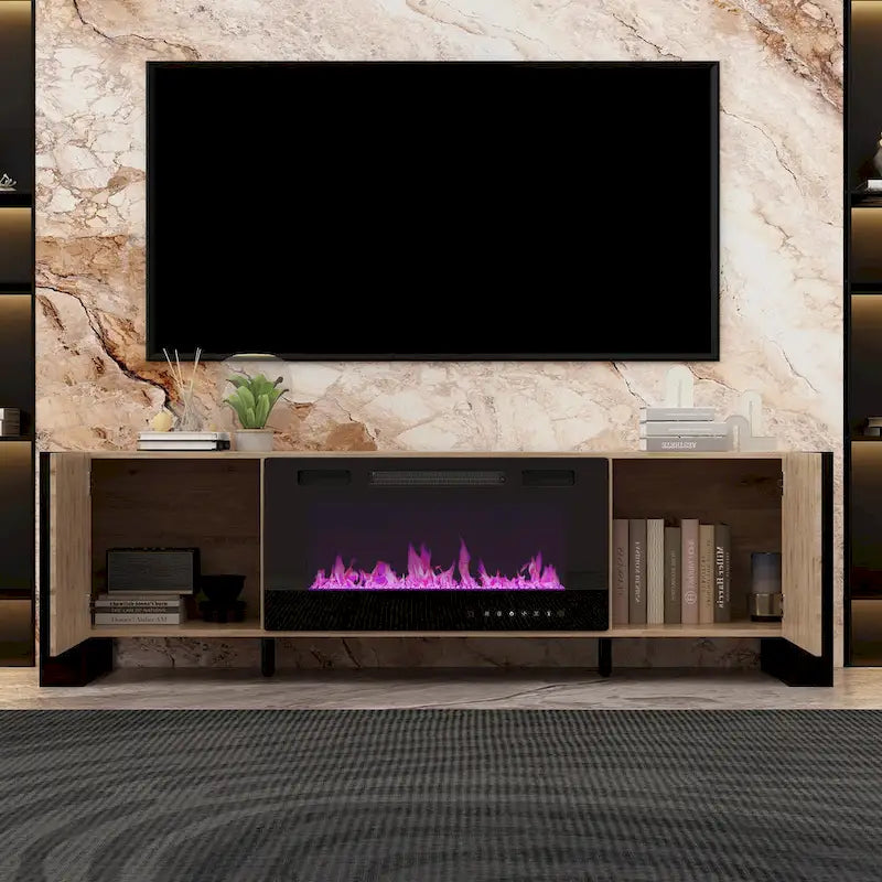 Wood Grain TV Stand with Optional Electric Fireplace: Cable Management