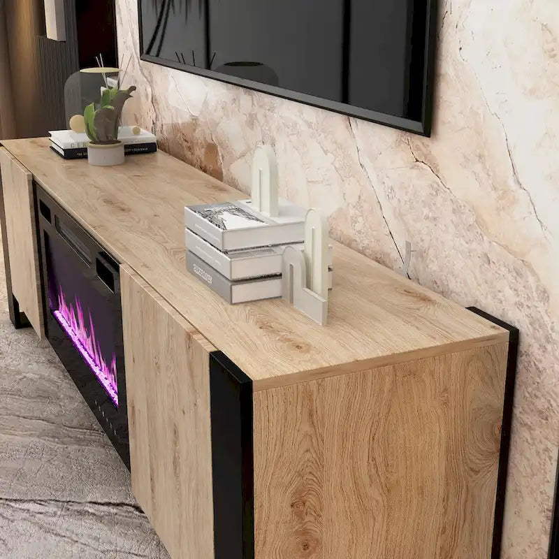 Wood Grain TV Stand with Optional Electric Fireplace: Cable Management