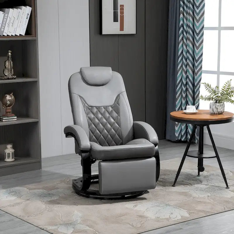 HOMCOM PU Recliner Reading Armchair with Footrest, Headrest and Round Steel/Wood Base for Living Room or Office, Grey