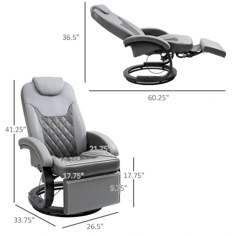 HOMCOM PU Recliner Reading Armchair with Footrest, Headrest and Round Steel/Wood Base for Living Room or Office, Grey