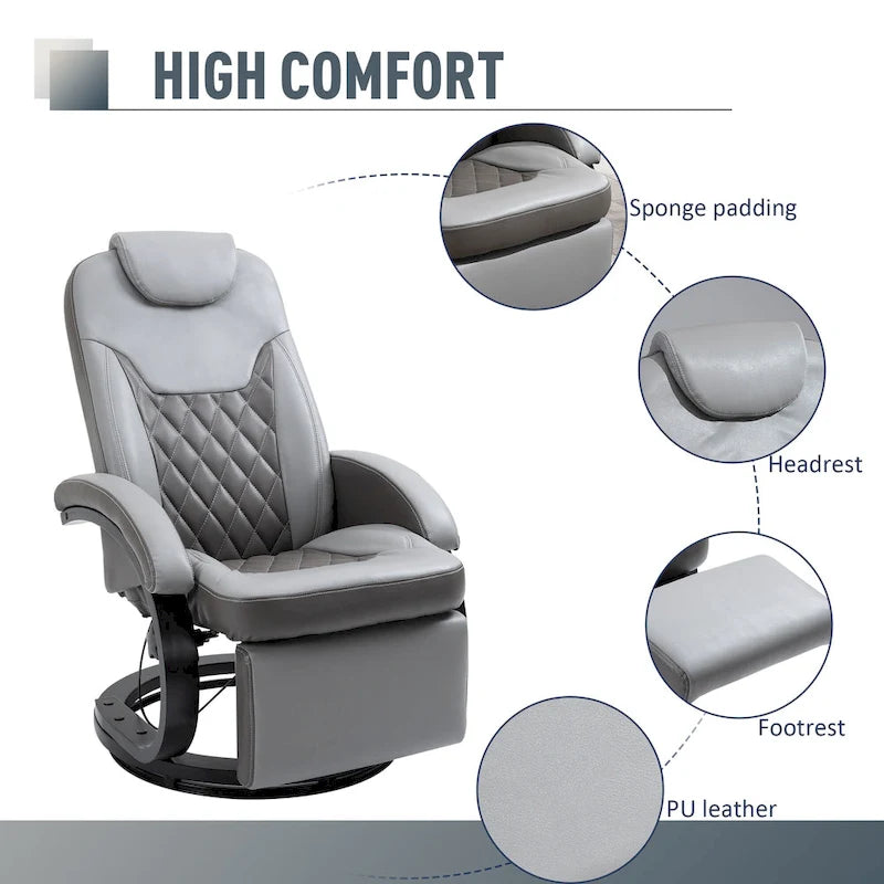 HOMCOM PU Recliner Reading Armchair with Footrest, Headrest and Round Steel/Wood Base for Living Room or Office, Grey