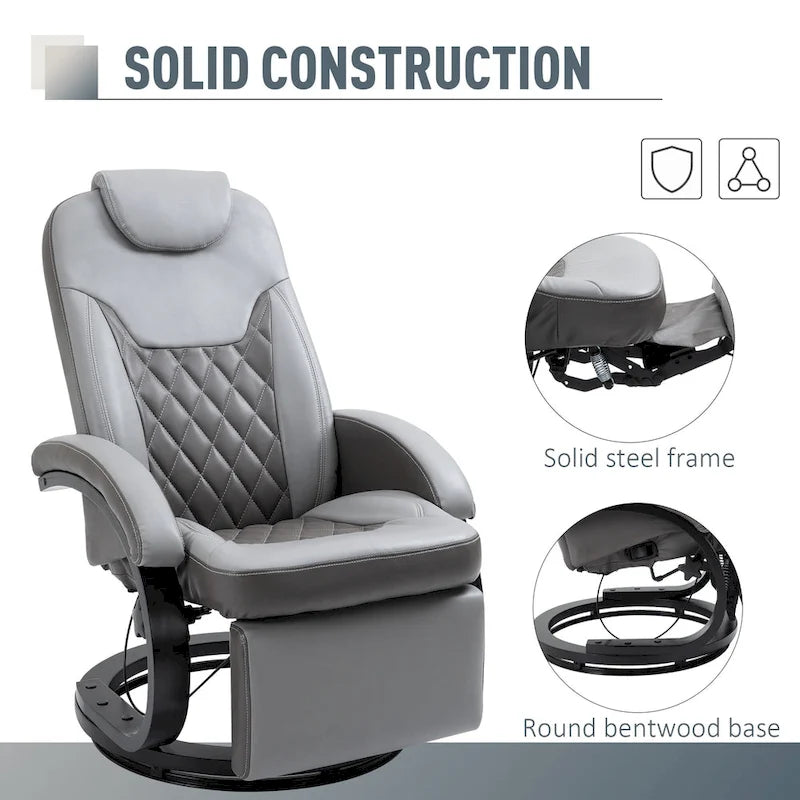 HOMCOM PU Recliner Reading Armchair with Footrest, Headrest and Round Steel/Wood Base for Living Room or Office, Grey