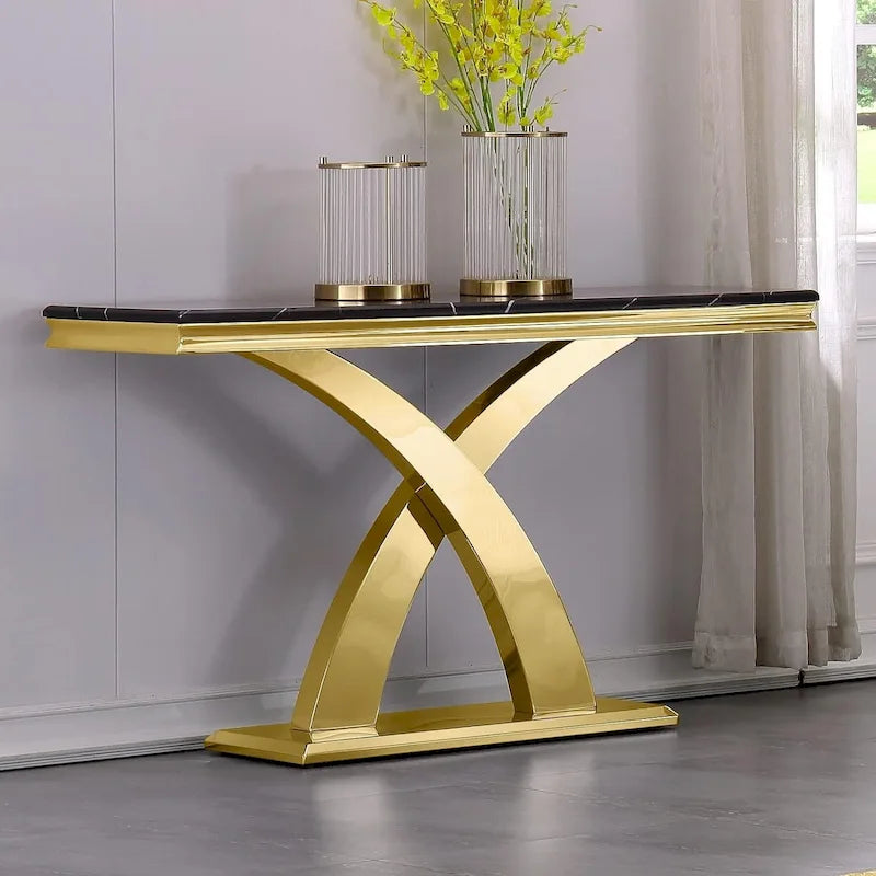 50 inch Rectangle Console Table with Luxurious Stainless Steel X Base and High Gloss Top