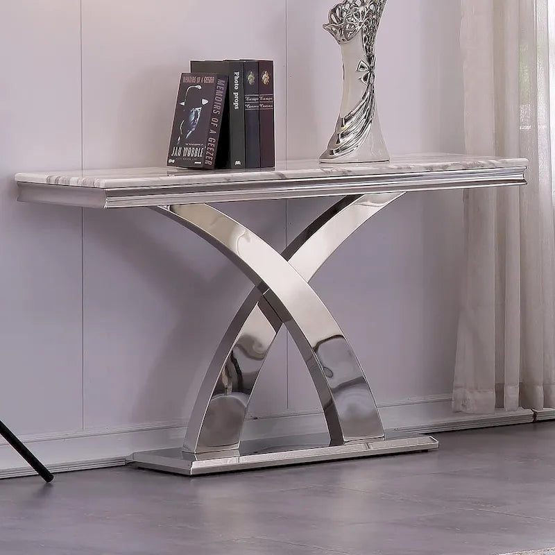 50 inch Rectangle Console Table with Luxurious Stainless Steel X Base and High Gloss Top