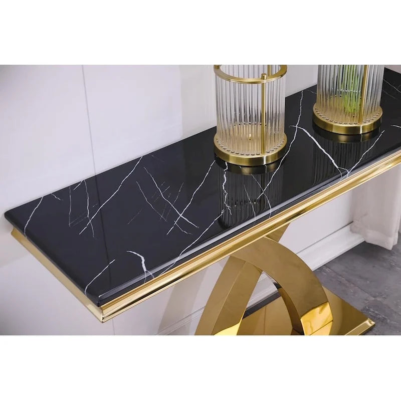 50 inch Rectangle Console Table with Luxurious Stainless Steel X Base and High Gloss Top