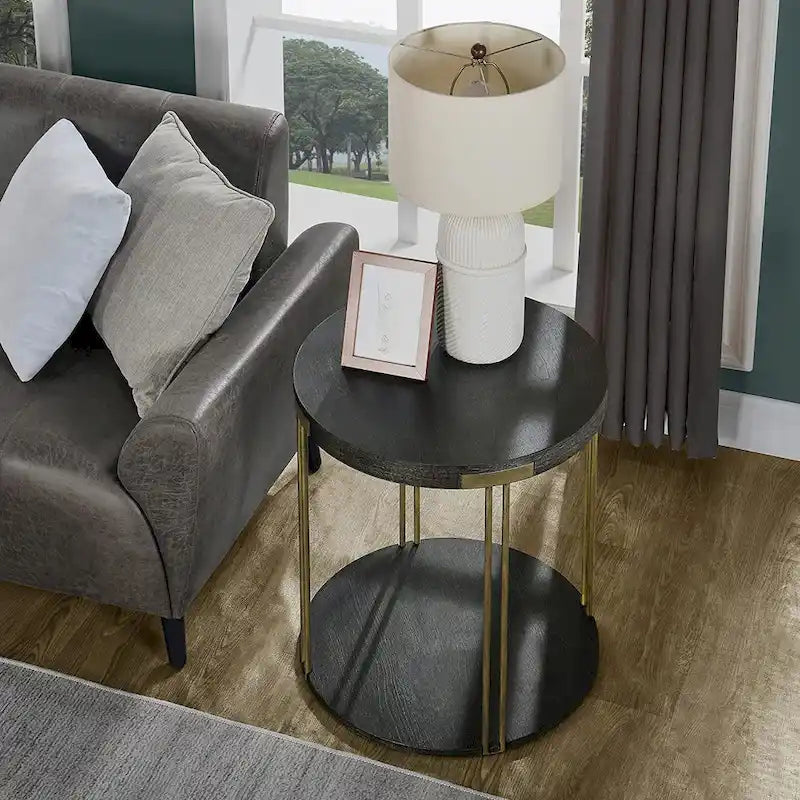 Round Coffee Table 2-Tier Cocktail Table with Storage Shelf Solid Wood