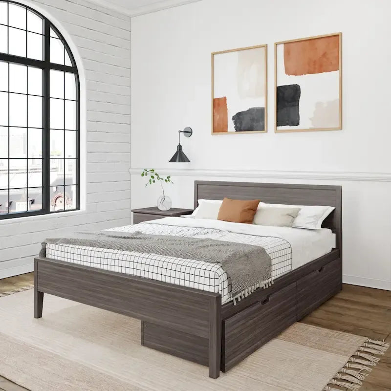 Plank and Beam Queen-Size Bed with Panel Headboard and Storage Drawers