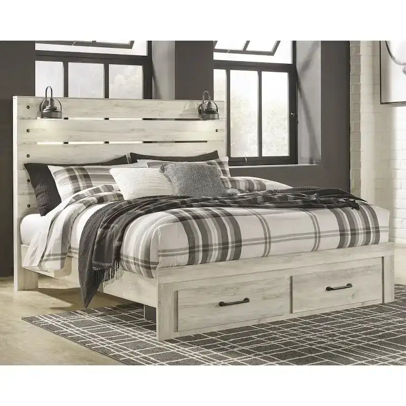 Cambeck Whitewashed Panel Bed w/ 2 Footboard Storage Drawers