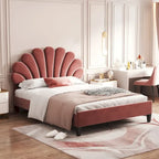 Velvet Upholstered Platform Bed with Flower Pattern Headboard