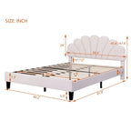 Velvet Upholstered Platform Bed with Flower Pattern Headboard