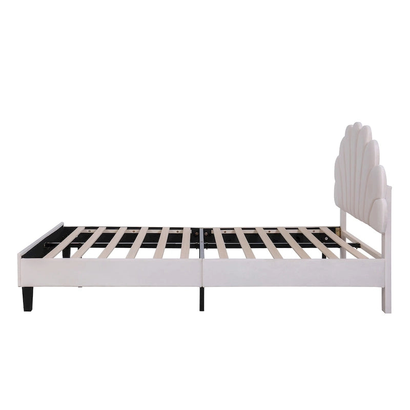 Velvet Upholstered Platform Bed with Flower Pattern Headboard