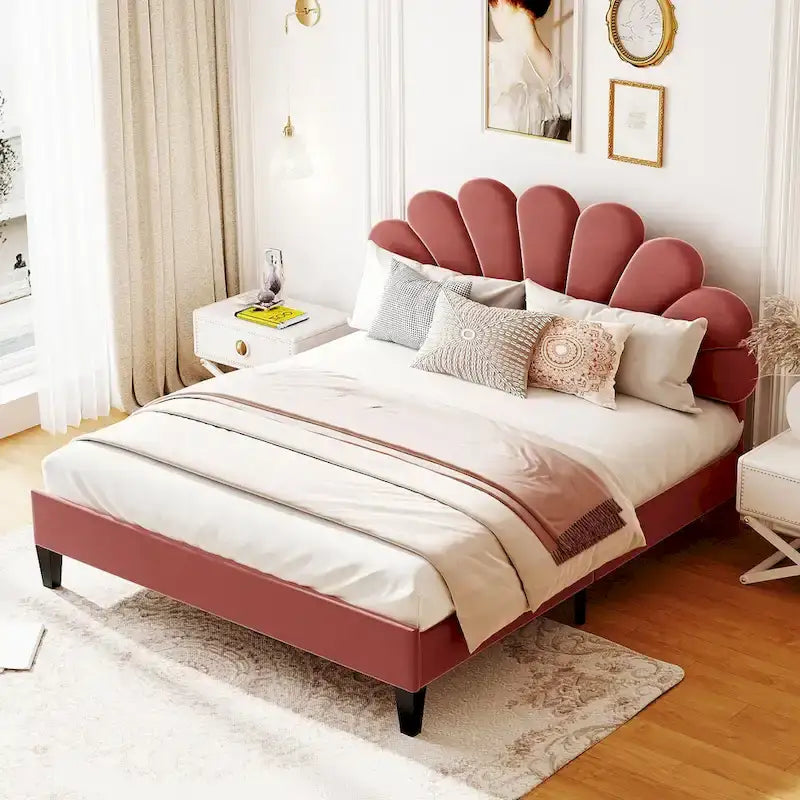 Velvet Upholstered Platform Bed with Flower Pattern Headboard