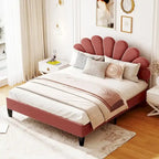 Velvet Upholstered Platform Bed with Flower Pattern Headboard